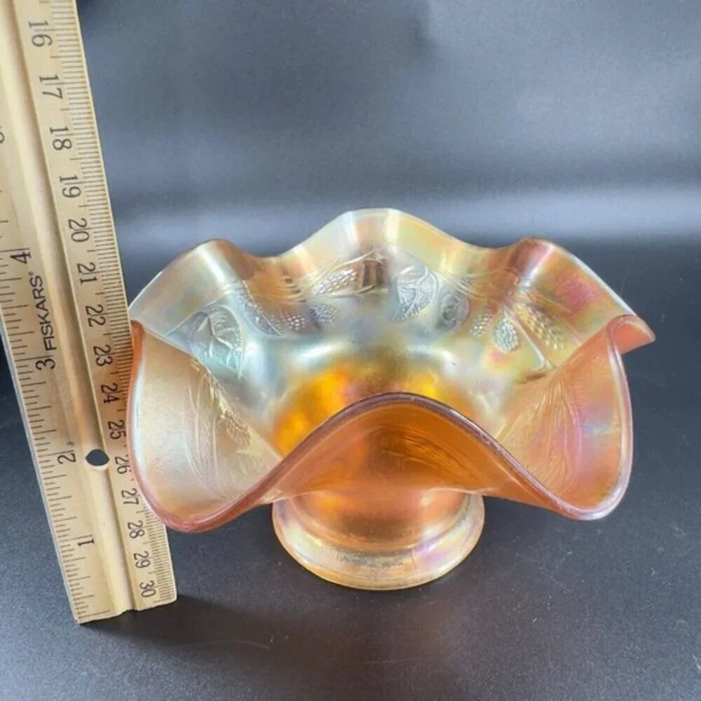 Antique Fenton Carnival Glass Blackberry‎ Spray Iridescent Ruffled Hat Bowl Dish